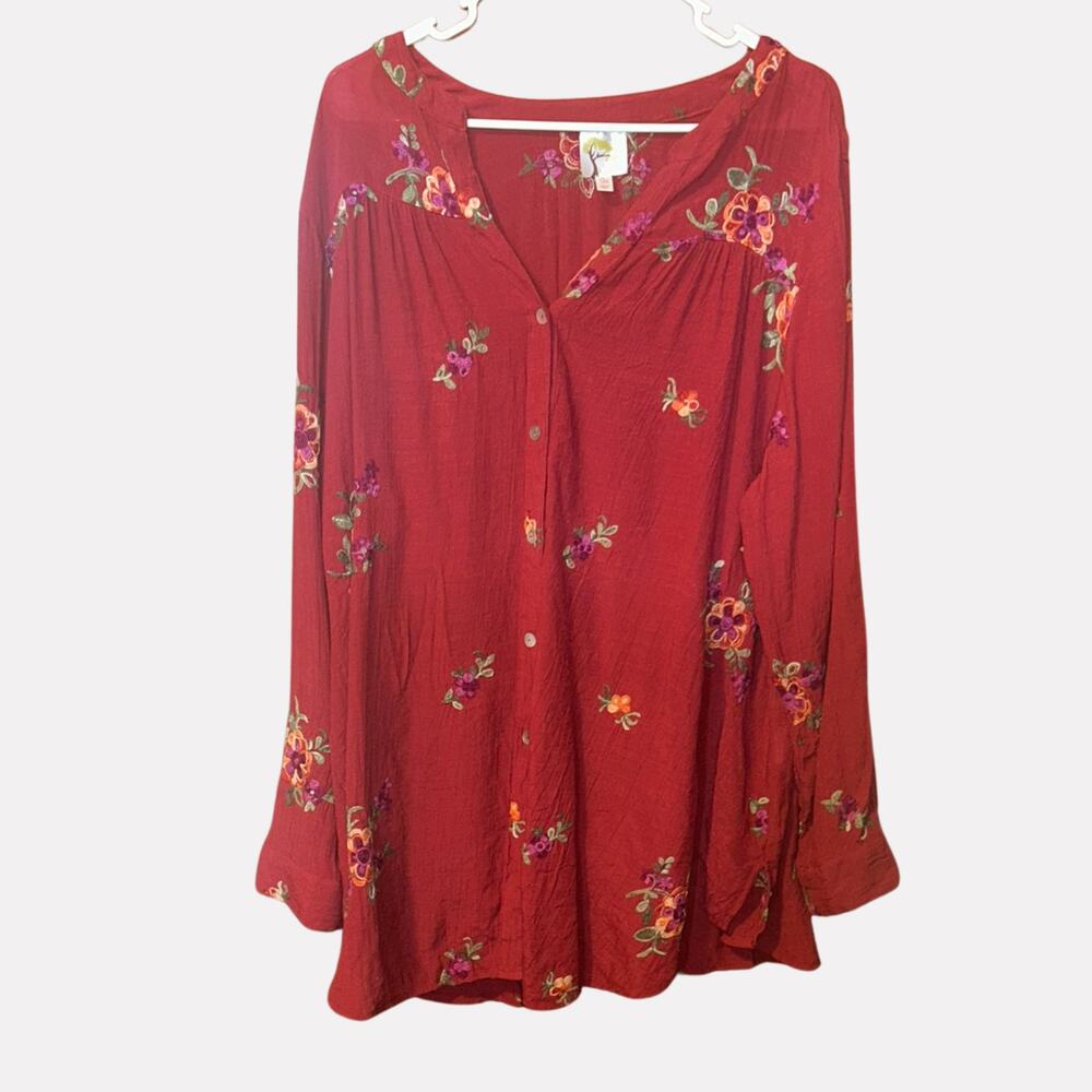 Fig & Flower Women's 3X Red Embroidered Button Front Blouse Boho Long Sleeve Top